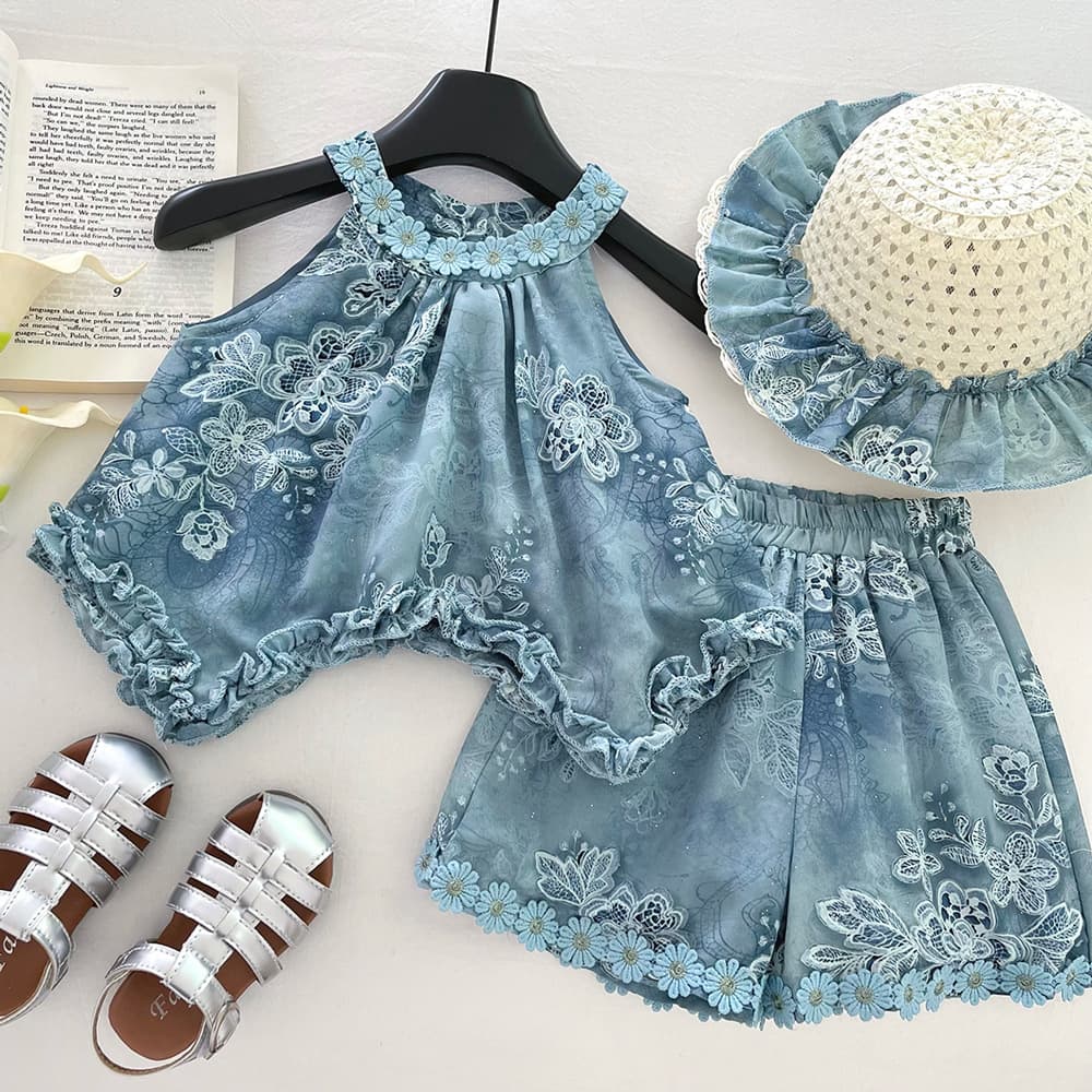 Girls Summer Suit 2026 New Style Floral Bow Backless Irregular Top Shorts Two-piece Set