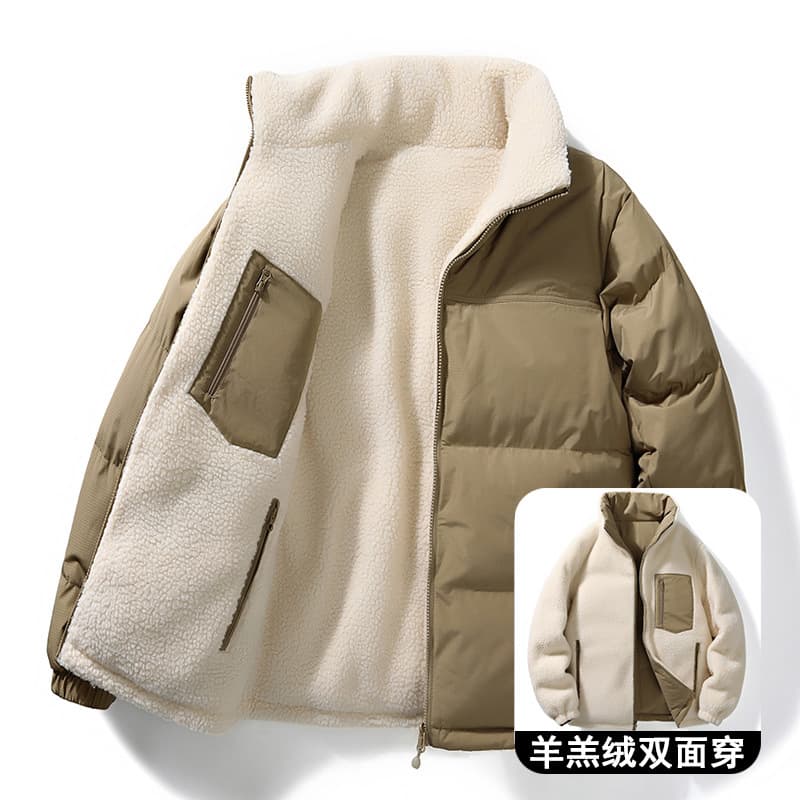 Double-Sided Wear Lamb Fleece Cotton Jacket Men Winter Trendy Thickened Warm Quilted Cotton Coat Couple Style Outerwear