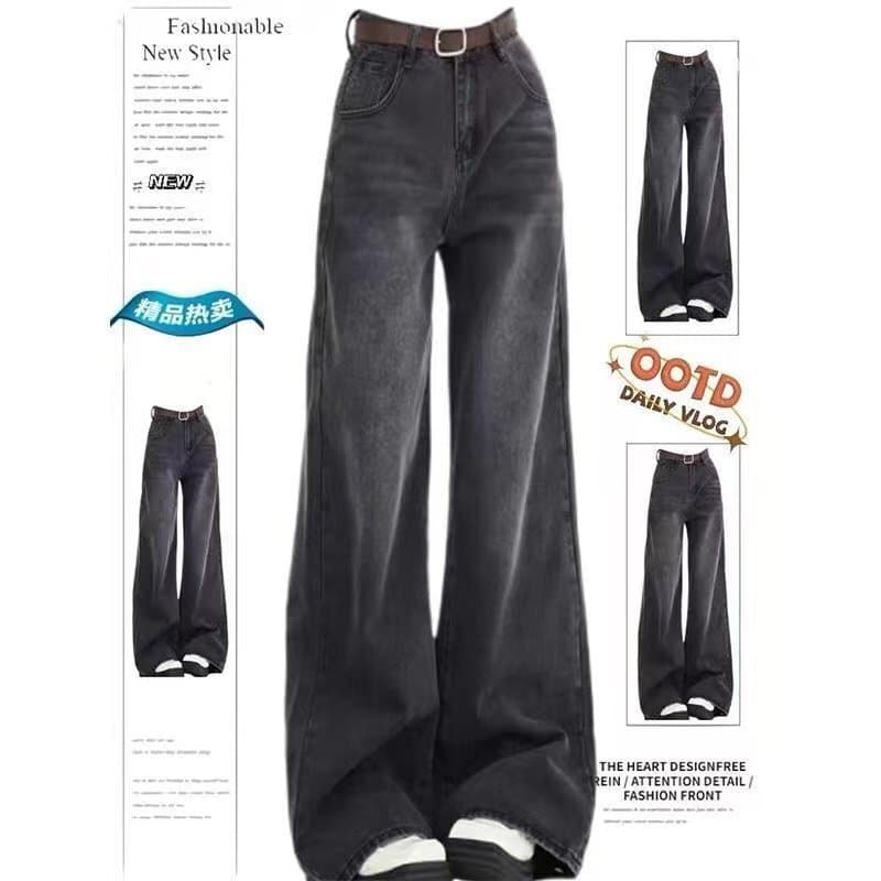 American black and gray wide leg jeans for women summer new style retro washed high waist loose drape floor mopping straight pants