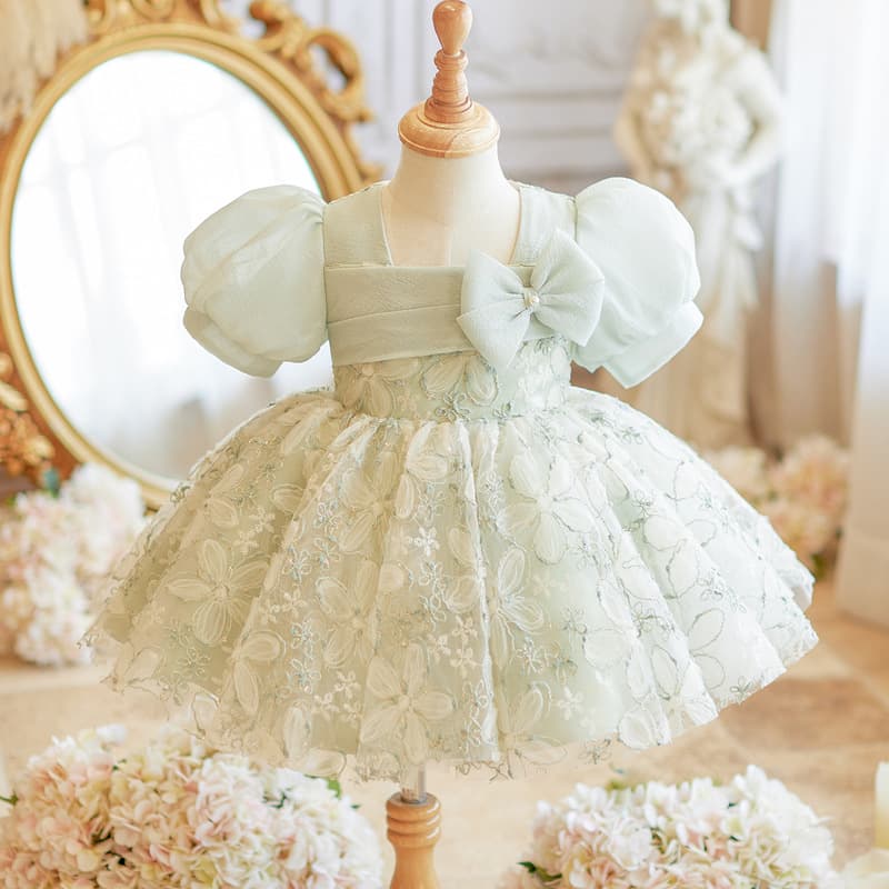 Baby Girl's 1st Birthday Dress High-End Infant Wedding Gown Daily Green Flower Girl Princess Dress Birthday Tutu Dress