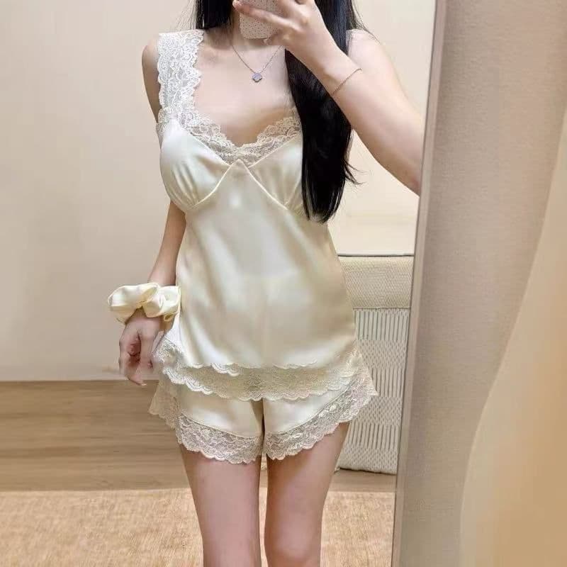 White Moonlight, Live Stream Hit: Camisole and Shorts Pajama Set with Padded Bra, Ice Silk Fabric, Sexy Pure Desire Lace Summer Sleepwear for Women