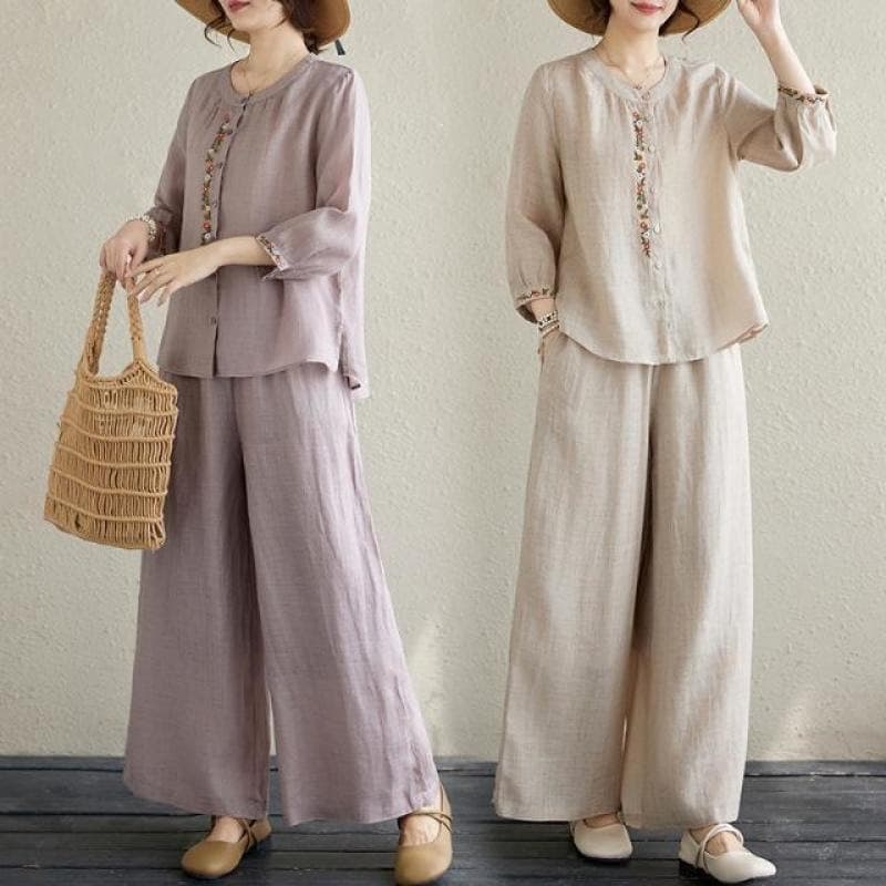 Vintage Retro Casual Top with Loose Wide-Leg Pants Zen Style Fashion Set Chinese Style Women's Clothing