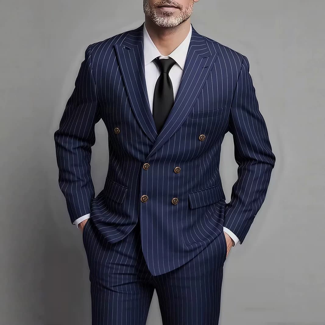 Suit Cross-border Slim Fit Double-breasted Striped Suit for Men Two-piece Set Amazon Men's Suit Set Stage