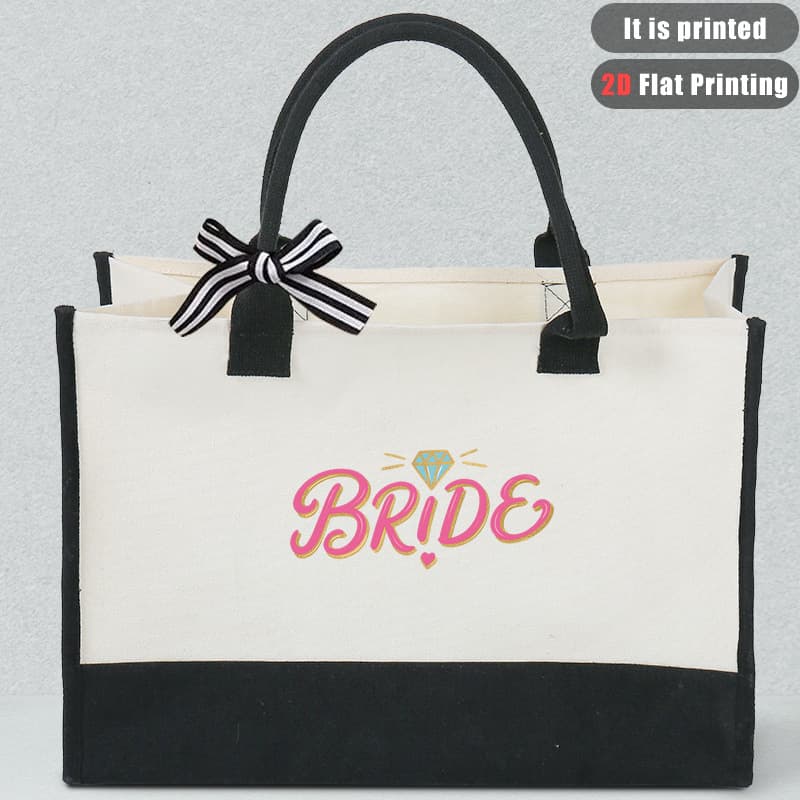 Bride Theme BRIDE Printed Canvas Tote Bag Black and White Contrast Bow Decoration Large Capacity Handbag