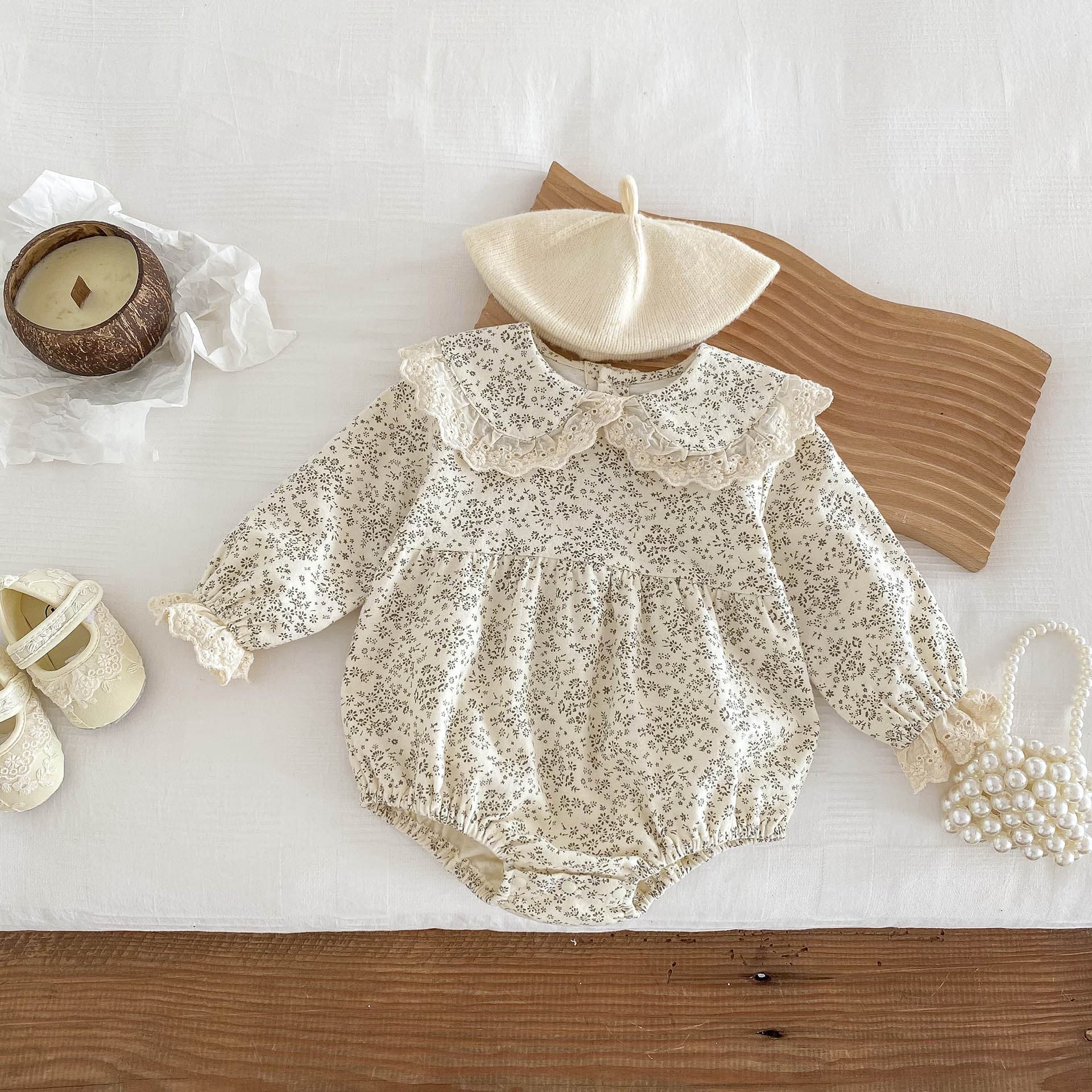 Spring Fashion Baby Girl Long Sleeve Floral Romper Princess Style Bib Overalls Crawling Suit Cotton Comfortable Baby Clothes