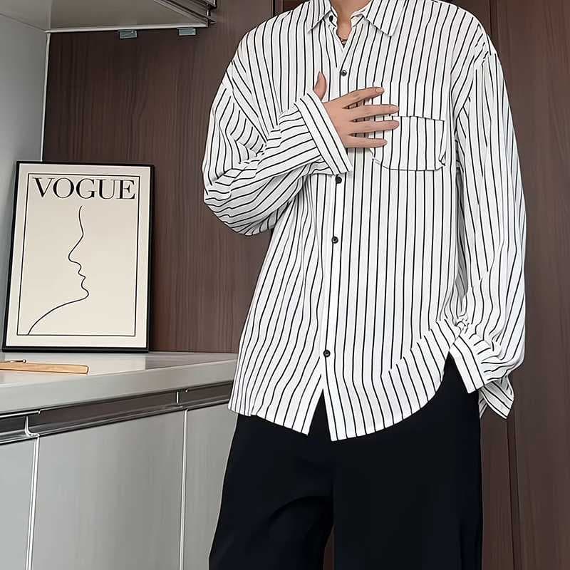 American black and white vertical striped shirt for men, cool-toned premium long-sleeve shirt, stylish rugged workwear jacket