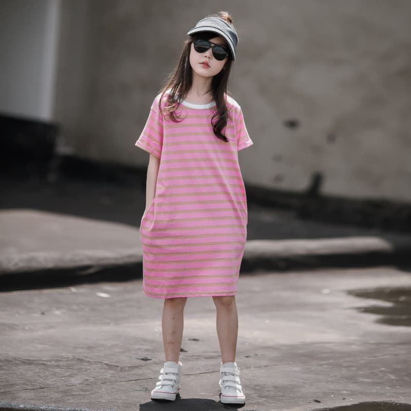Girls Short Sleeve Dress 2025 Summer Children's Mid-Length T-Shirt Dress Summer Sports Striped Dress for Older Kids