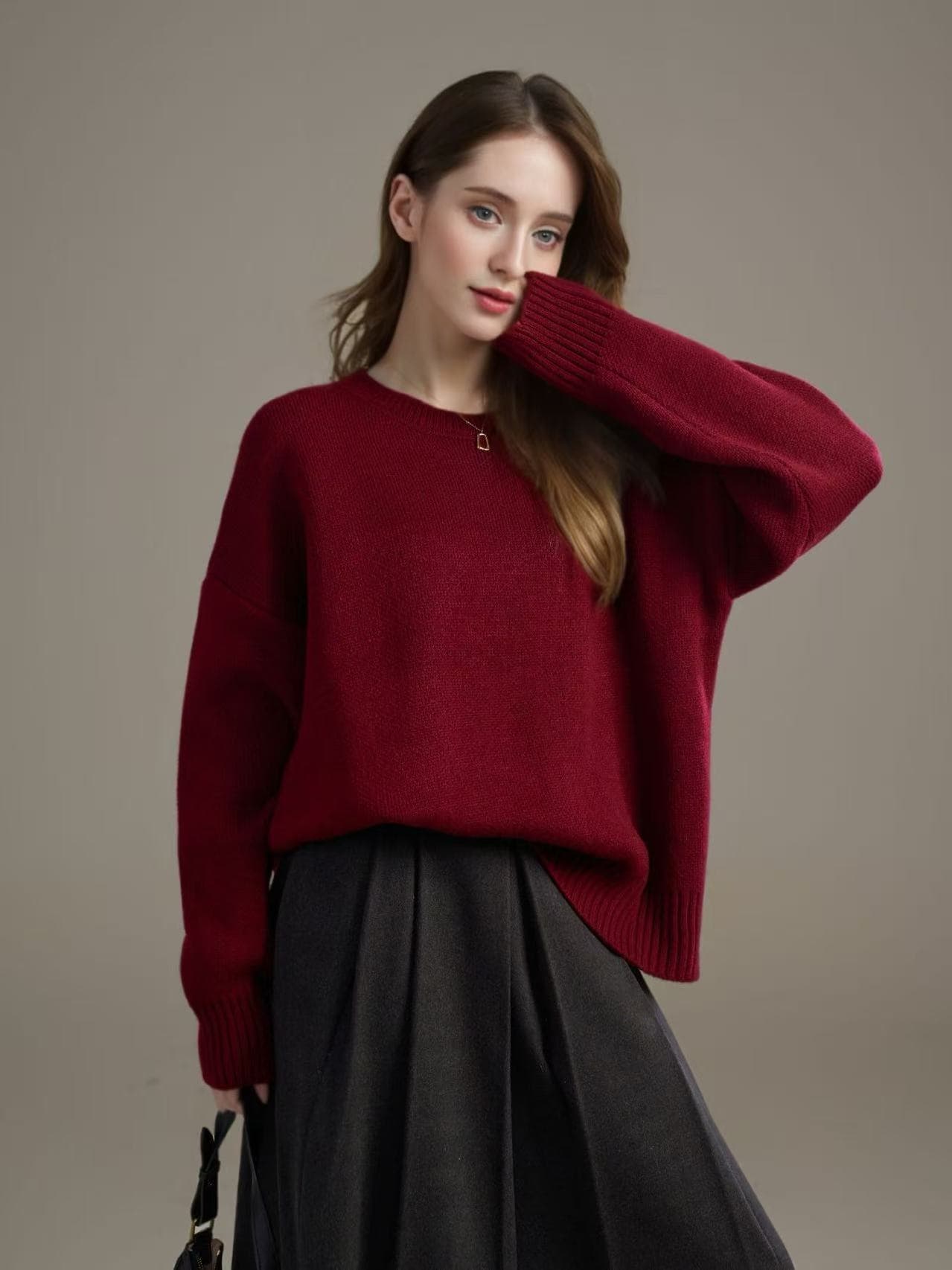Cross-border Autumn/Winter 2026 New Loose Fit Soft Knit Sweater Comfortable Minimalist Solid Color Women's Round Neck Sweater