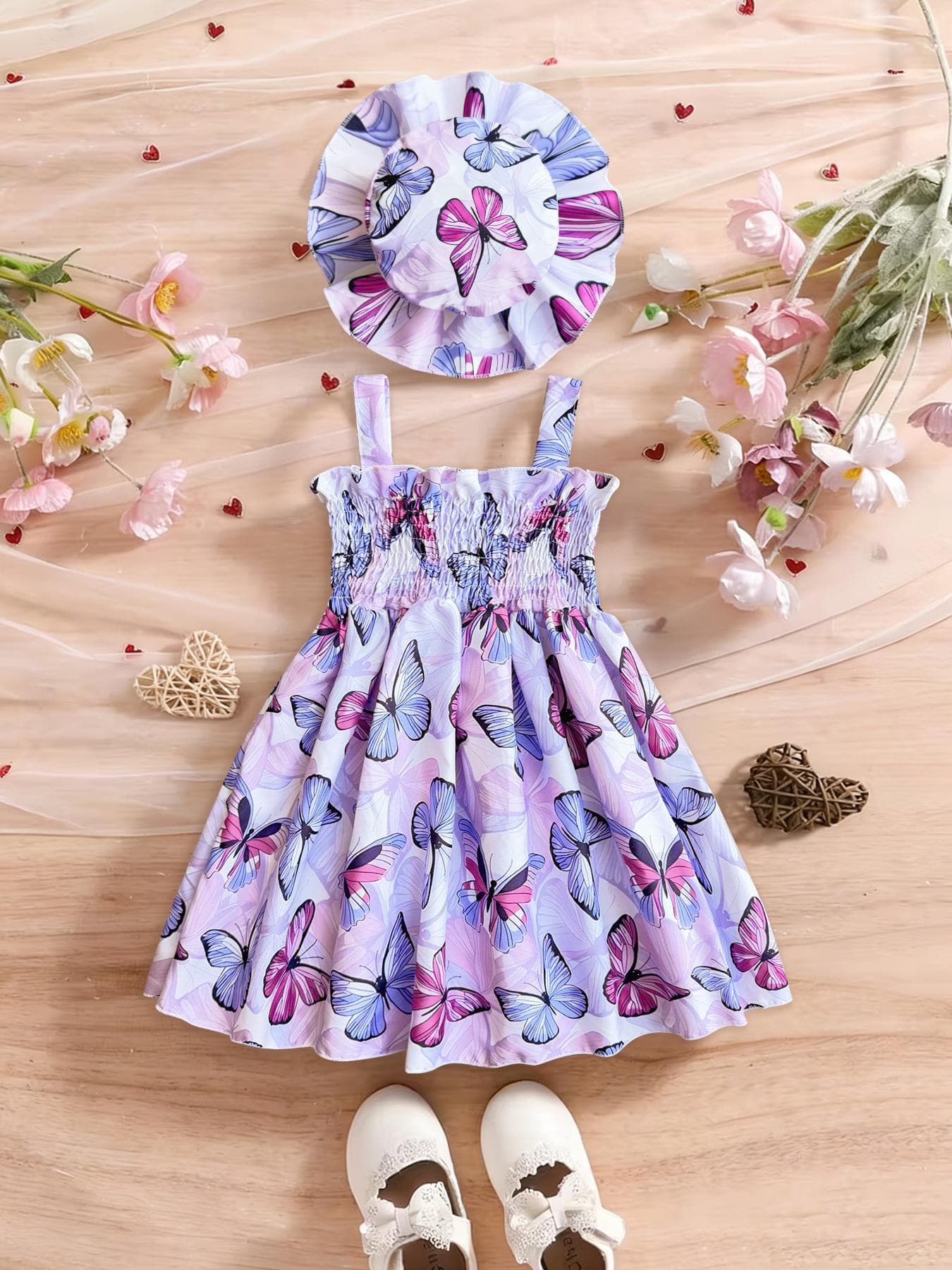 Newborn to 3-Year-Old Girl Summer Two-Piece Heart Print Sleeveless Dress + Princess Hat, Multiple Colors Available