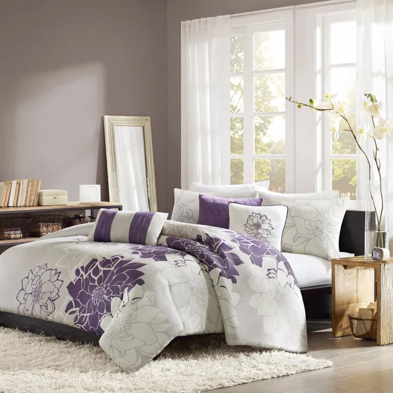 Cross-border Trade Purple Floral Down Comforter Cover Three-Piece Set, Washed Soft Bedding with Zipper Closure
