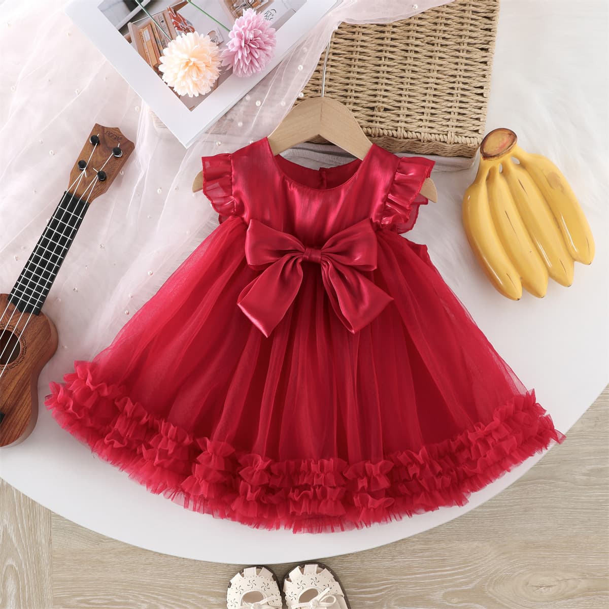Summer new foreign trade children's clothing wholesale Muyun gauze big bow small flying sleeves princess dress gauze skirt dress