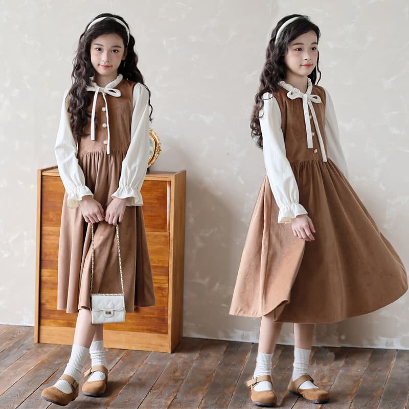 Girls Dress 2025 Autumn New Contrast Color Dress Long Sleeve Long Dress