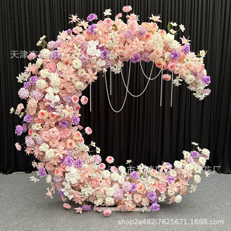 Wedding Stage Decoration Artificial Flower Moon Arch, Proposal Party Photo Booth Window Display Background Photography Props