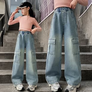 Girls' Cargo Denim Pants Spring/Autumn New Style, Older Kids Straight Loose Wide-Leg Long Pants, Children's American Style Pants