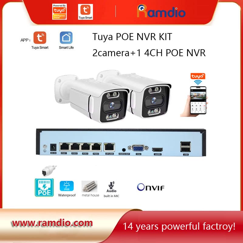 Tuya 4CH POE Kits 2 Pcs 5MP Bullet Outdoor POE NVR Security