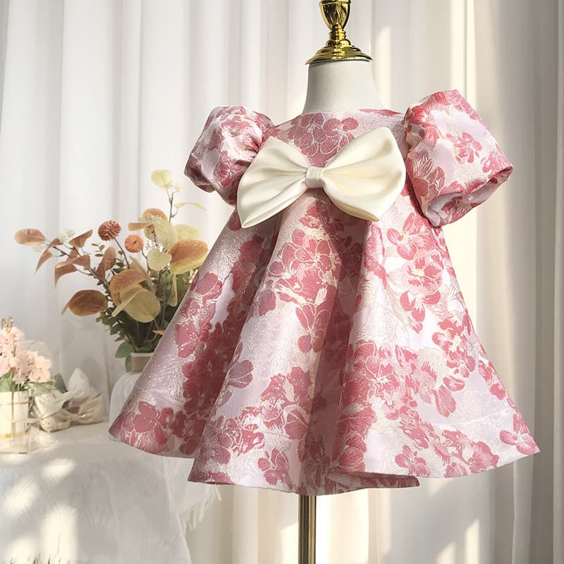 Baby one-year-old dress, girl's birthday dress, photo puff sleeves, French style printed satin princess dress, tutu skirt