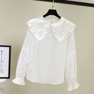 Girls Spring Summer Shirt 2026 New Korean Style Long Sleeve White Shirt, Children Lace Doll Collar Top