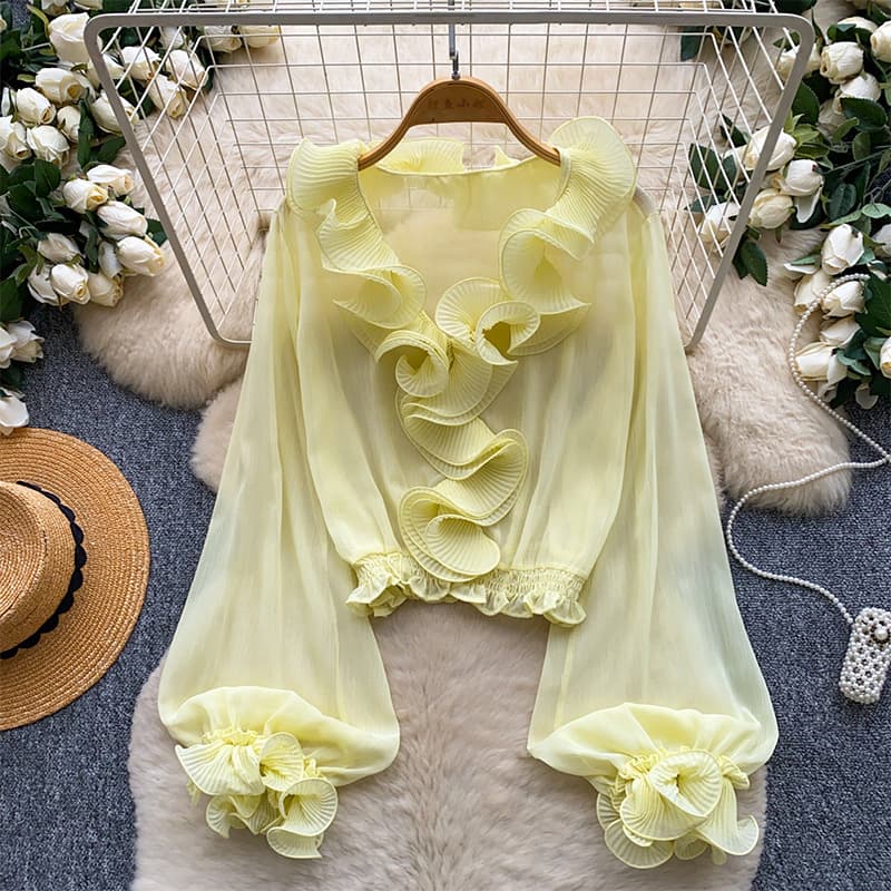 French gentle style ruffled long-sleeved chiffon shirt for women summer Korean style skin-friendly breathable foreign style age-reducing temperament top
