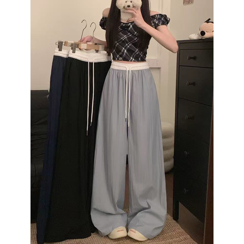 Women's Wide-Leg Pants Summer Thin Loose Flowing BF Lazy Style Ice Silk Straight Leg Casual Pants 2026 New