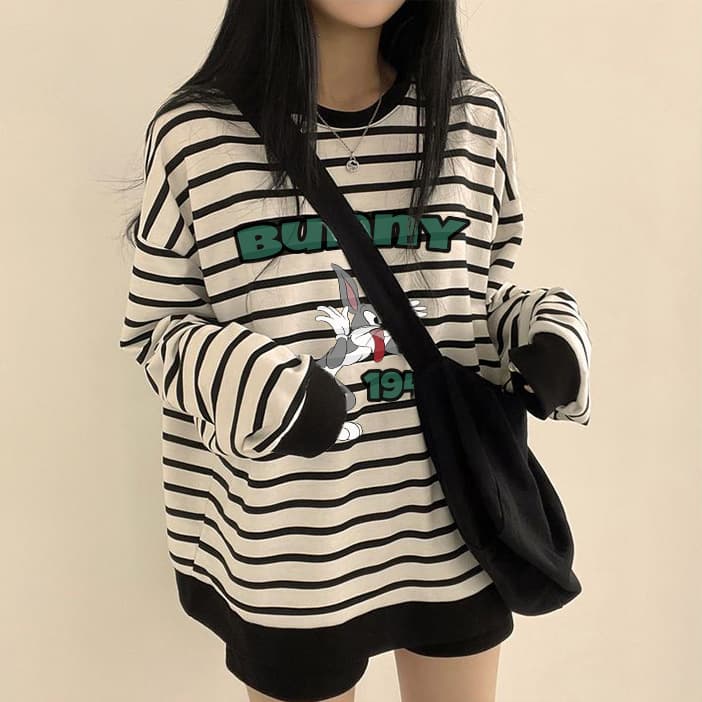 American retro long-sleeved t-shirt for women in autumn 2024 new striped loose long-sleeved top with cotton, fashionable and age-reducing