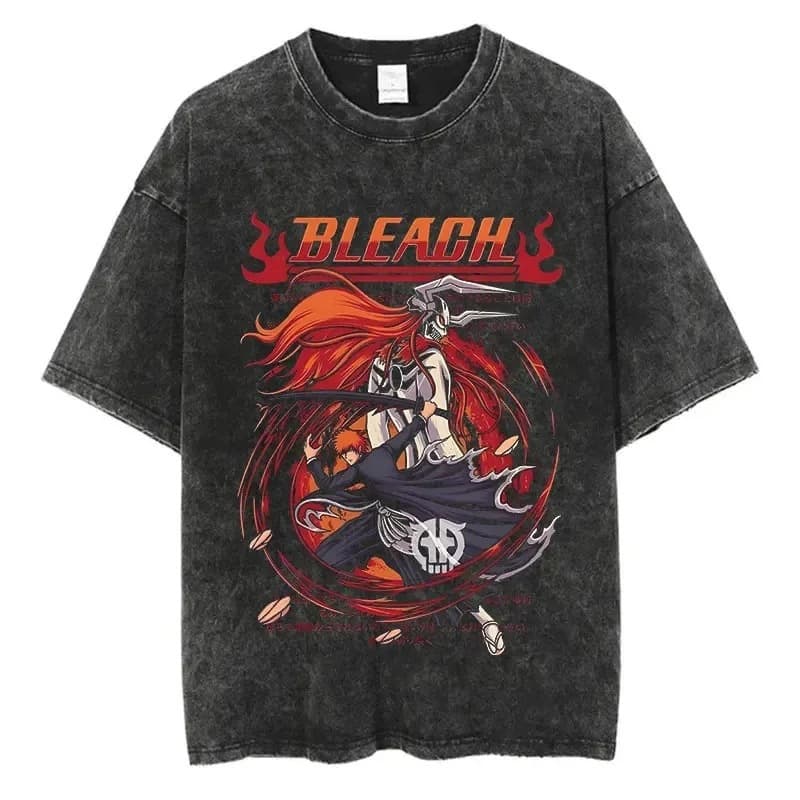 Vintage Anime Bleach Washed T-shirt Harajuku Setwear Short Sleeve Crew Neck Cotton Graphic Top for Women Chinese Brand