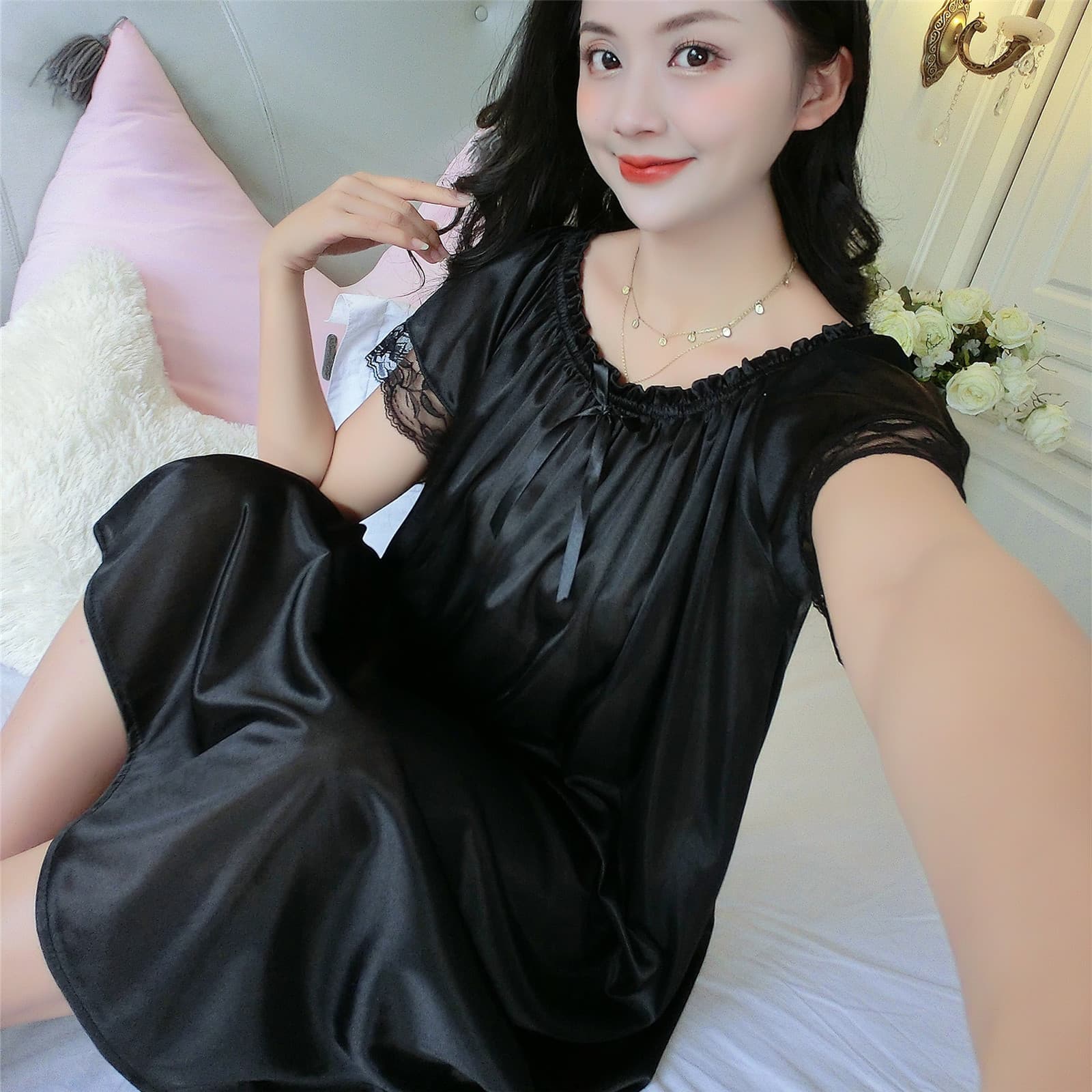 Summer Short Sleeve plus Size Ice Silk Mid-Length Sleep Dress Sexy Ladies Home Wear Comfortable Soft Fabric Women's Nightgown