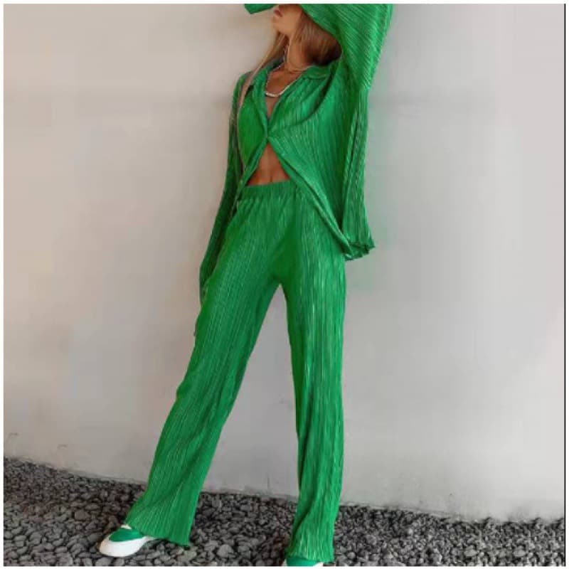 Spring/Summer European and American Style Solid Color Textured Loose Fit Slimming Pleated Long Sleeve Fashionable Casual Style Suit 3682