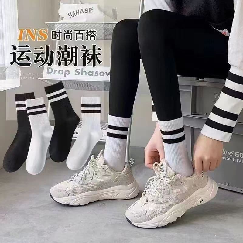 Women's Spring/Summer Mid-Calf Socks, Striped Double Bar School Style, Black and White Stacked Socks, Cotton Socks Wholesale