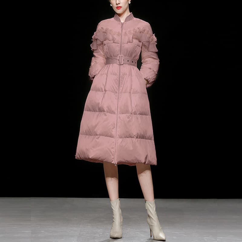 New Women's Matte Pink Stand Collar Mid-Length White Duck Down Jacket Thickened Waist-Over-The-Knee Jacket