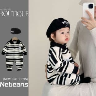 0-2 Years Baby Boy Trendy Gentleman Lapel Jumpsuit Crawling Suit, Yarn-Dyed Stripe A Cotton Black and White Stripe