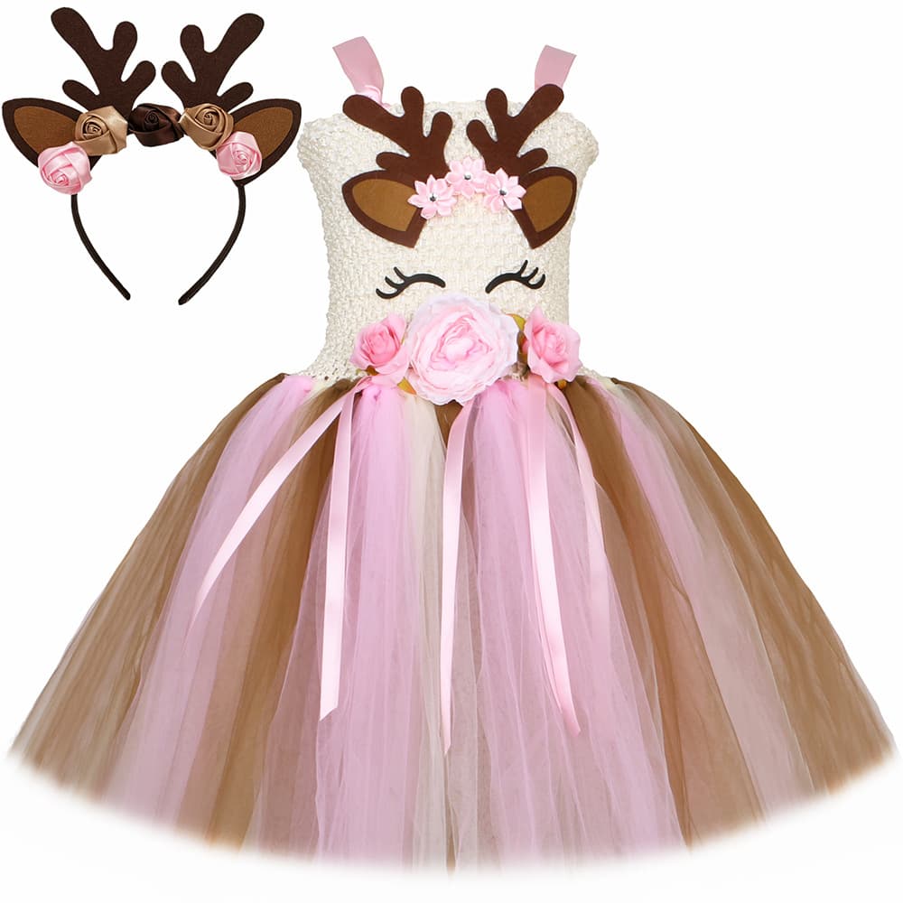 Christmas Reindeer Floral Dress Kids Costume Cartoon Deer Tutu Skirt Girls Mesh Princess Dress
