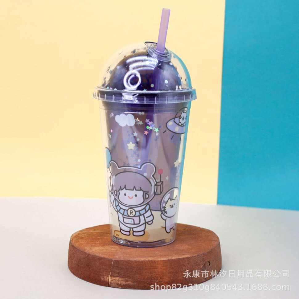 16OZ Round Double-Wall Plastic Straw Cup with Dome Lid, High Transparency Straw Cup, Round Lid, Threaded Double-Wall Straw Cup
