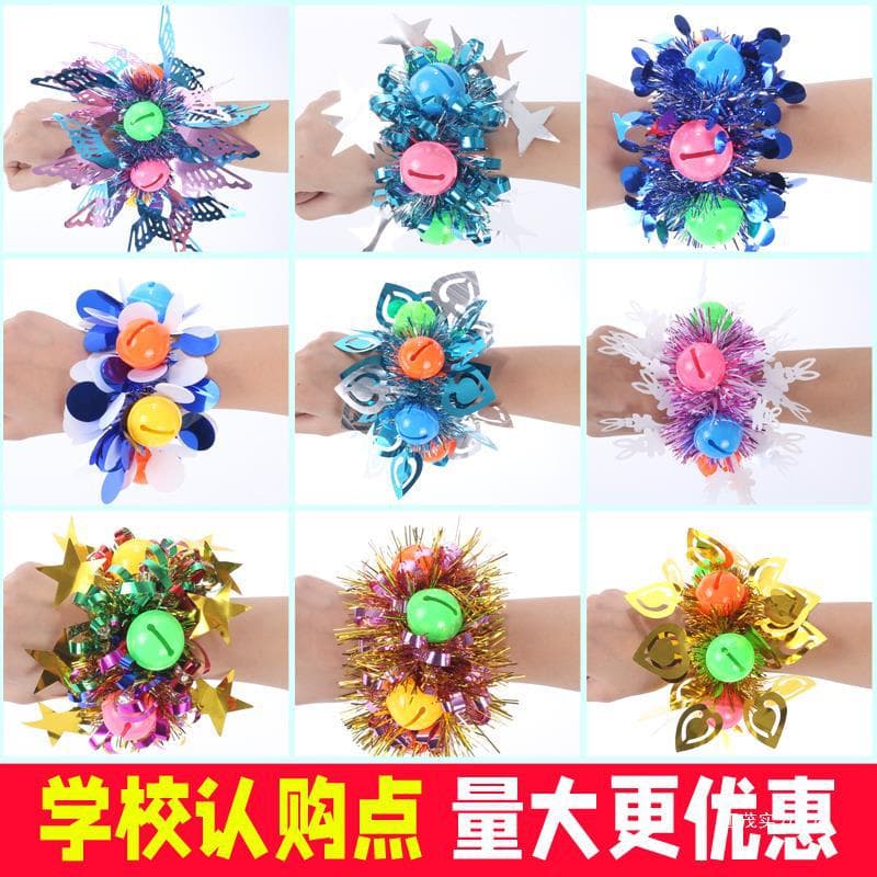 Kindergarten Dance Wrist Flowers, Children's Day Performance Glitter Hand Flowers, Sports Event Props with Bell Bracelets