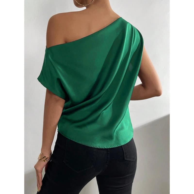 2025 European and American Summer Women's Solid Color One-Shoulder Backless Asymmetric Neckline Satin Blouse Top with Patchwork Design