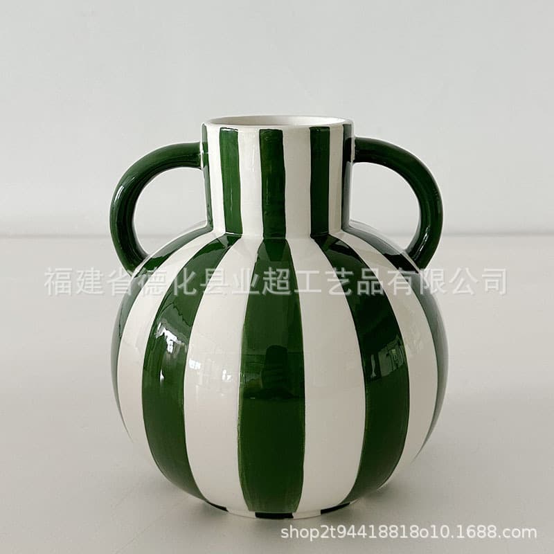 Home double-eared retro ceramic striped vase ornaments living room flower arrangement decorations high-end hydroponic dried flowers