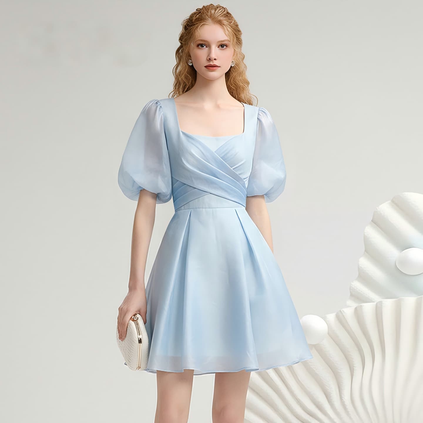 European and American Blue Mini Dress New Fashion Forest Style Simple Dress Square Neck Lantern Sleeve A-Line Swing Dance Party Evening Gown