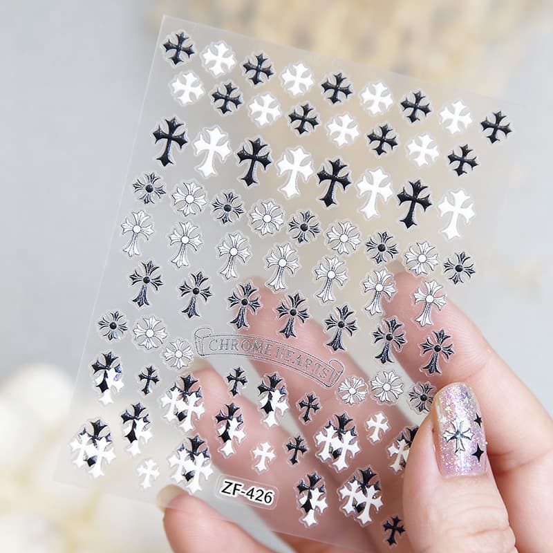 Gothic Retro Black and White Chrome Relief Nail Stickers, Colorful Cross Waterproof Adhesive Nail Decals