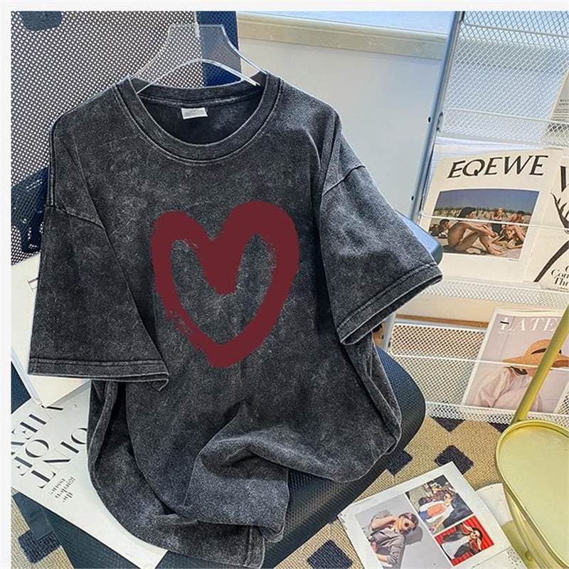 Vintage Cool Oversized Black Washed T-Shirt for Women, European and American New Style Summer Couple Short Sleeve Top
