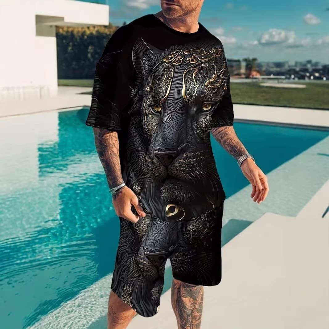 2026 Cross-border foreign trade novel digital printing Gothic wing pattern T-shirt and shorts men's casual sports suit