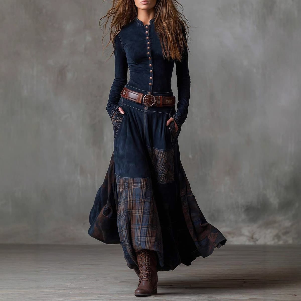 2025 Independent Station foreign trade suede plaid patchwork retro temperament dress with pockets, buttons and belt