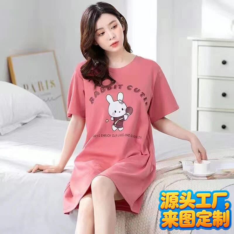 Nightgown Women Summer Plus Size Short Sleeve Pajamas Women Loose Casual Cute Nightgown Mid-Length Wearable Homewear