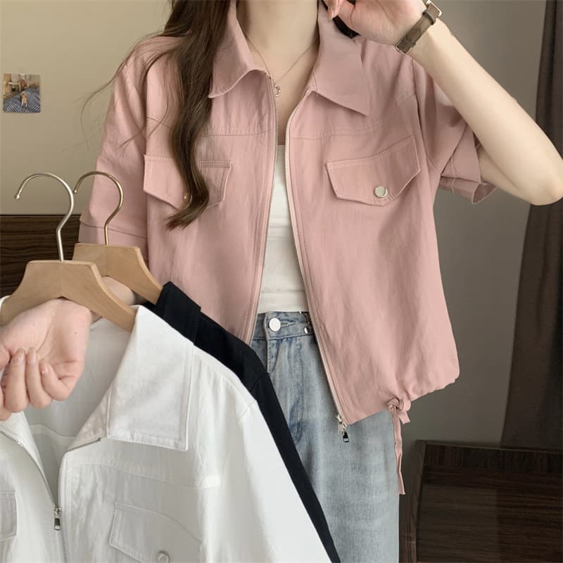 New Women's Short-Sleeve Workwear Shirt with Polo Collar, Double Zipper, and Cropped American-Style Notched Lapel Jacket for Summer