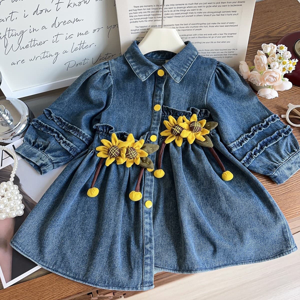 Girl's Sunflower Spring Autumn New Children Fashion Top Baby Trench Coat Denim Dress 2025 Princess Style