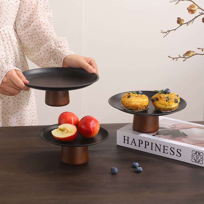 Solid Wood Tall Fruit Plate Stainless Steel Tray Nordic Afternoon Tea Tray Reception Candy Plate Fruit Cake Dessert Plate