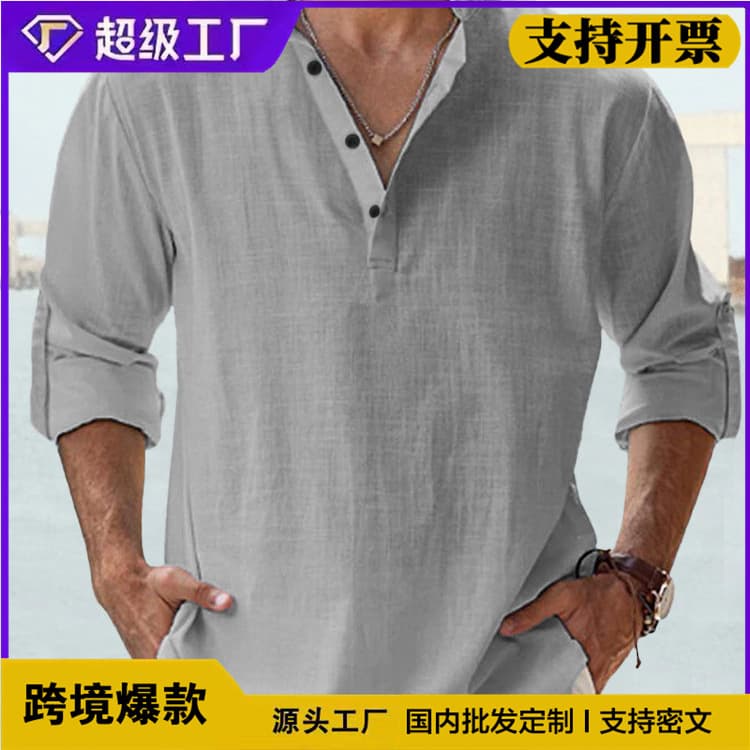 2026 Amazon foreign trade men's linen stand collar long-sleeved T-shirt loose undershirt solid color long-sleeved cotton and linen shirt for men