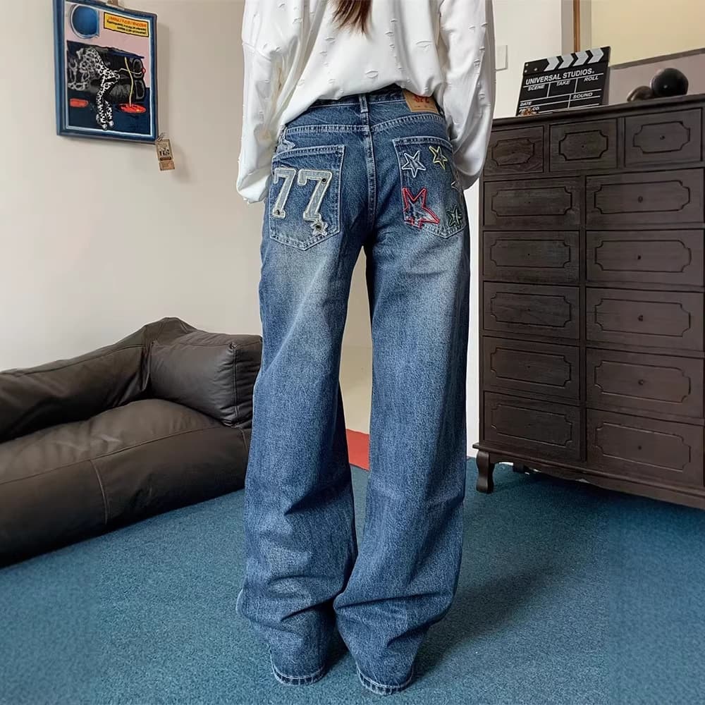 American Retro Star Embroidered Wide-Leg Jeans for Women, New Design High-Waist Loose Straight-Leg Floor-Length Pants