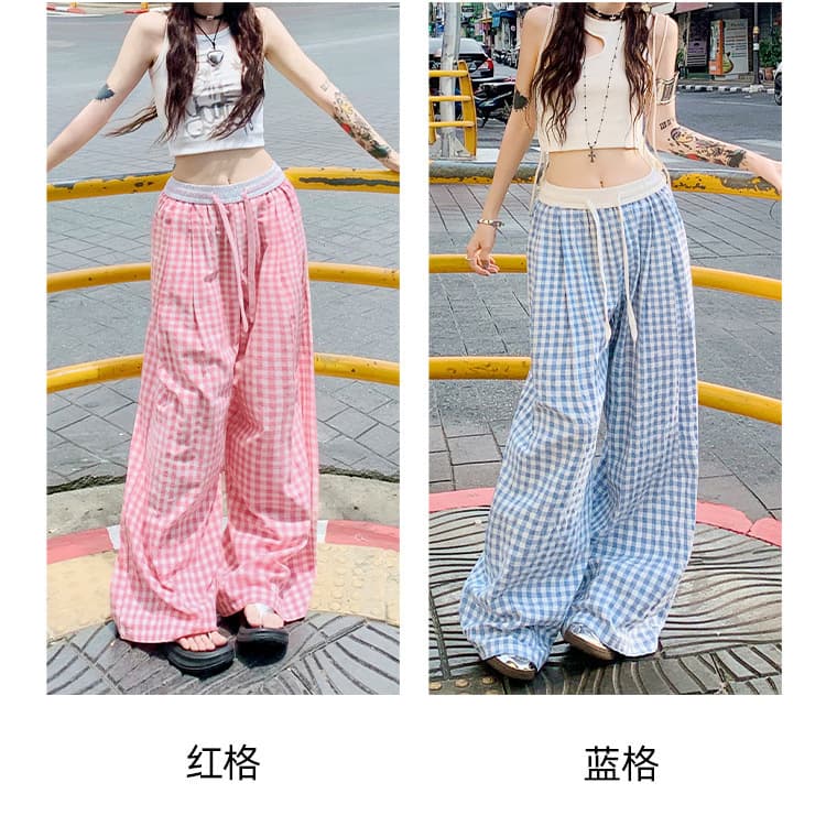 Pink Plaid Wide-Leg Pants for Women Fall New 2026 High-Waist Drape Straight-Leg Casual Pants Loose Slimming Yamamoto Pants