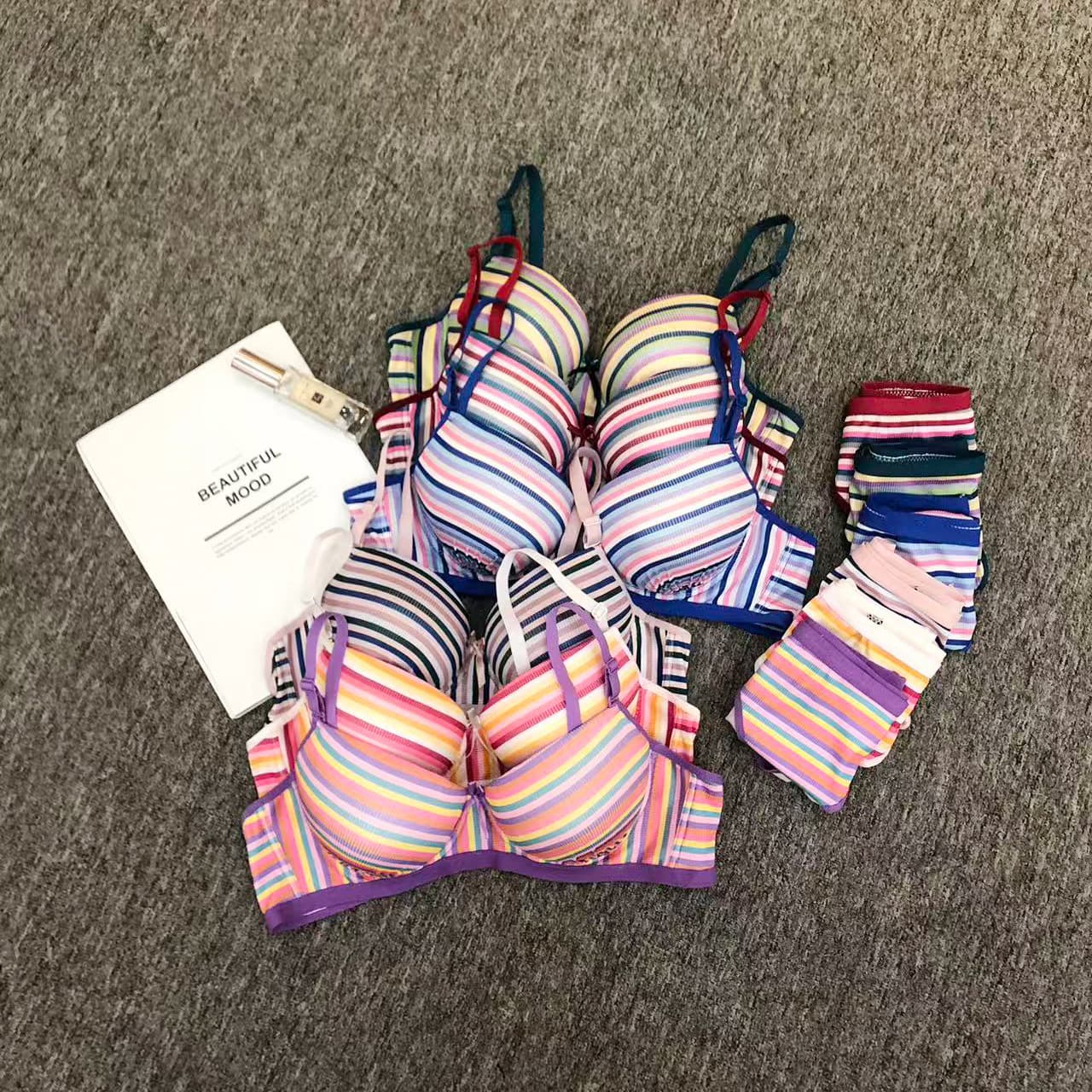 Cross-border Russian Rainbow Stripe Lingerie Set for Women Push-up Big Bust Minimizer Sexy Bra and Panty Set Factory Wholesale