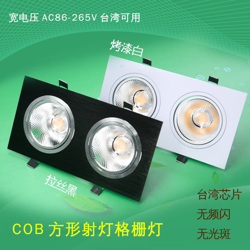Double-Head Spotlight: LED Embedded Recessed Light, Black Double-Row Downlight, Rectangular Two-Head Recessed Light, COB Grille Light