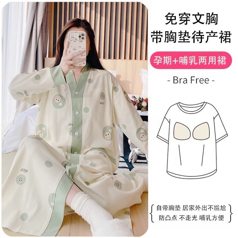 Maternity Nightgown Spring Autumn Nursing Dress with Chest Pad Thin Cotton Crescent Clothing for Pregnant Women Hospital Wear Home Wear